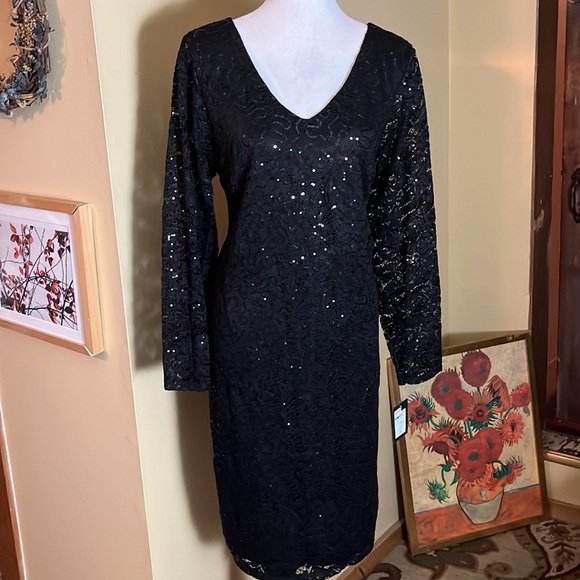 MARINA Size 20W Black Sequin Stretch Dual Layer VNeck Evening Party BlackTie NEW - Picture 11 of 16